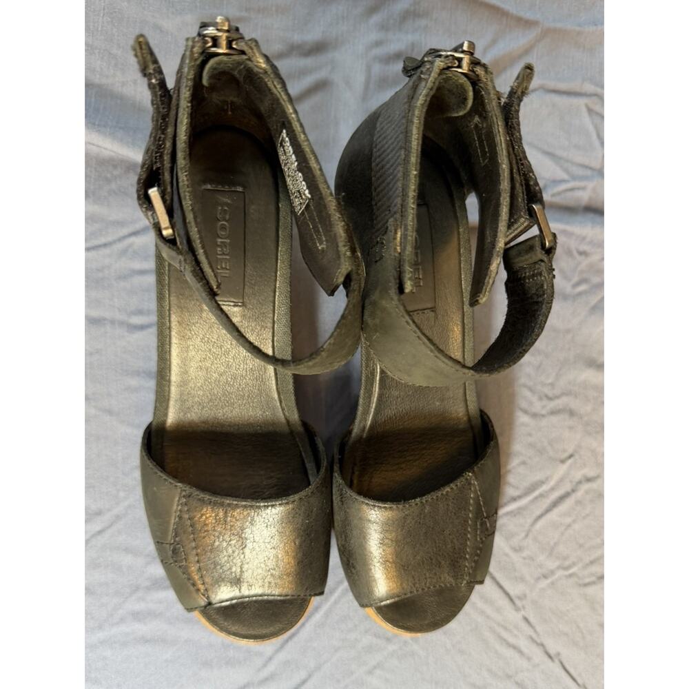Sorel Joanie Wedge Sandals Size 7.5 Black Leather Open Toe - Picture 5 of 7